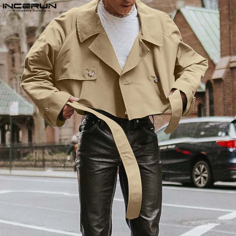 INCERUN-chaquetas de manga larga con solapa para hombre, ropa de calle de Color sólido, abrigos cortos, chaquetas informales sueltas con cinturón, S-5XL, 2023