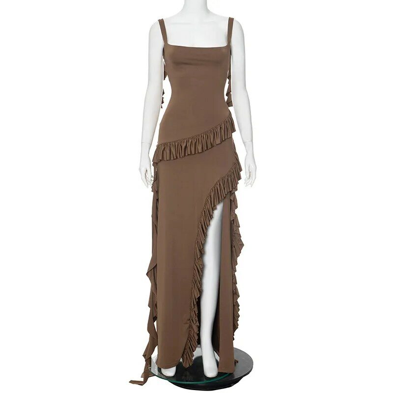 Женское летнее однотонное платье-макси с разрезом и открытой спиной