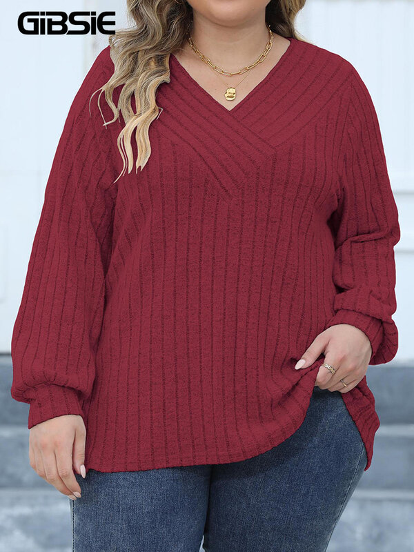 GIBSIE Plus Size Long Sleeve T Shirts for Women Spring Fall Fashion V Neck Solid Ribbed Knit Casual Tee Tops Female 2023 Clothes