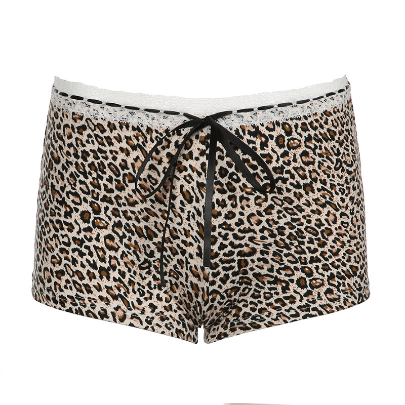 BIIKPIIK Sexy pizzo fiocco leopardo stampato pantaloncini per le donne capispalla moda mutande vita bassa fondo abbigliamento tutto-fiammifero sportivo