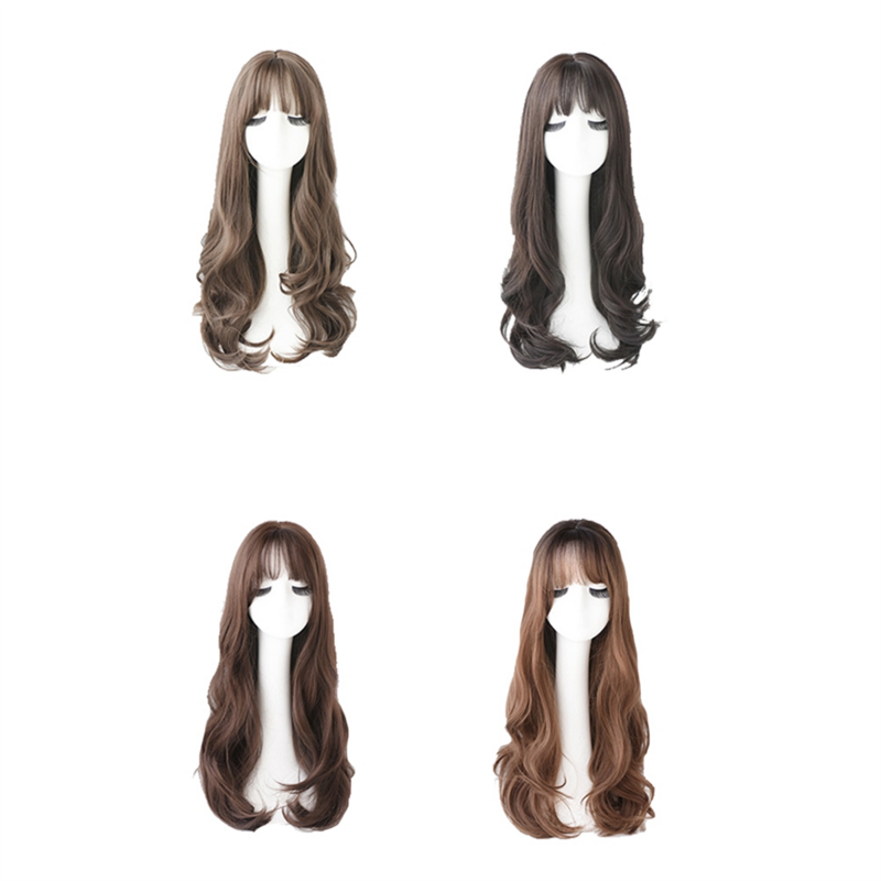 Женский парик Боб Bobo с челкой, естественный длинный парик Боб, длинный вьющийся парик для повседневной корейской версии холодного коричневого цвета