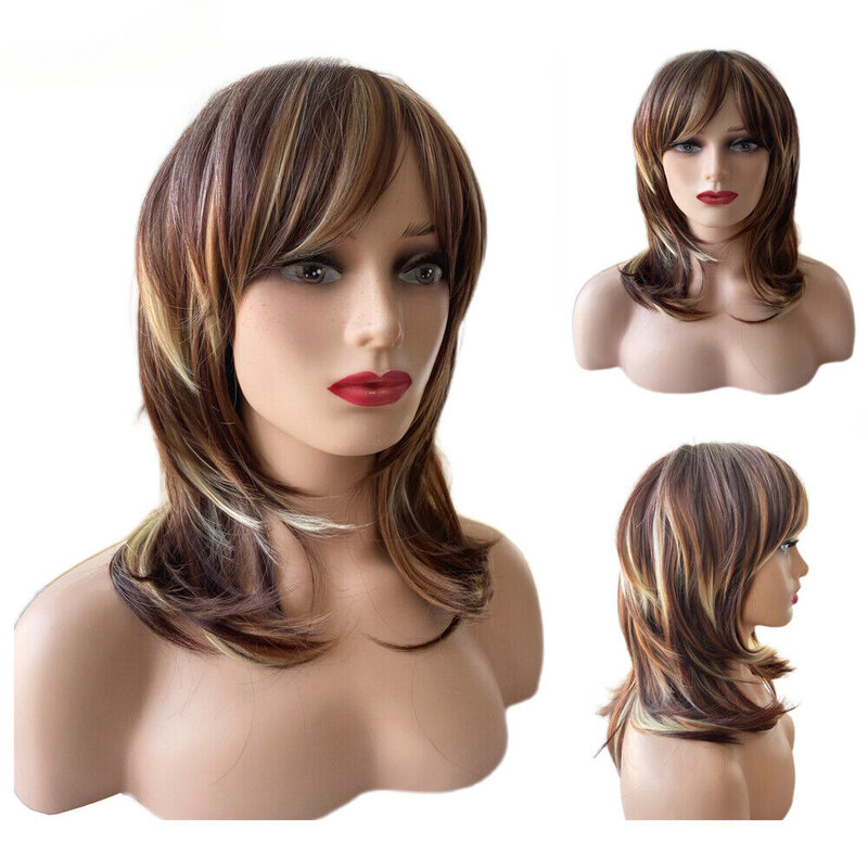 Peluca Natural rizada marrón para mujer y niña, peluca sintética con flequillo inclinado