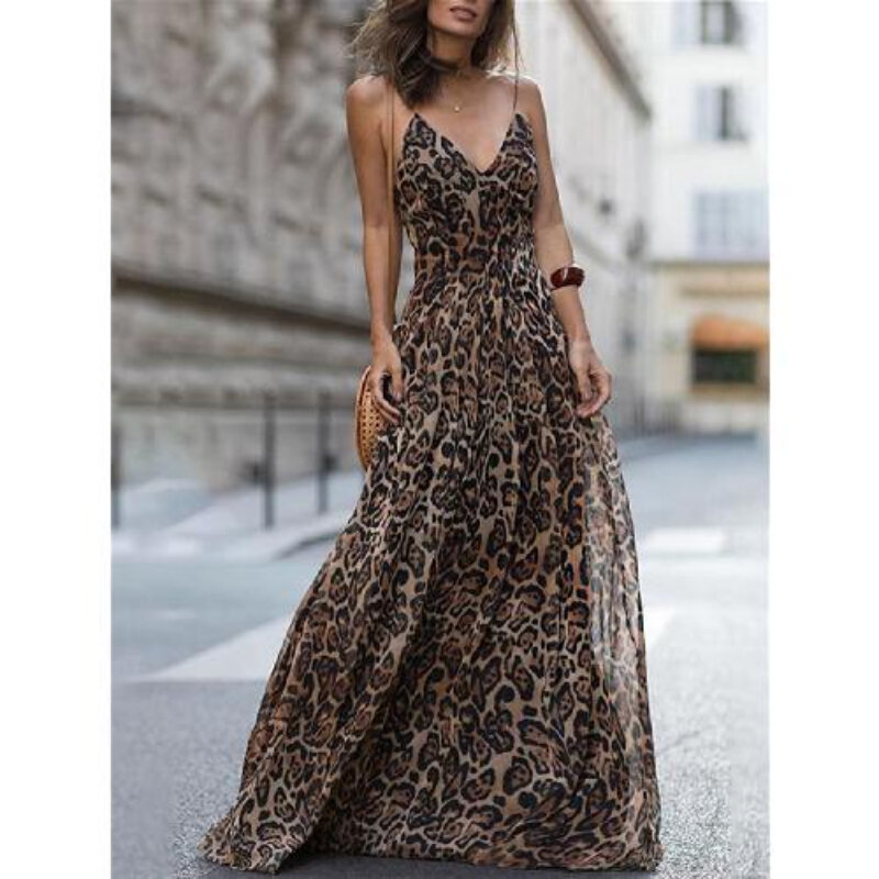 Vestido estampado Houzhou Leopard para mulheres, vestidos elegantes de festa à noite, sem mangas compridas, chiffon vintage, moda chique Y2K, sexy