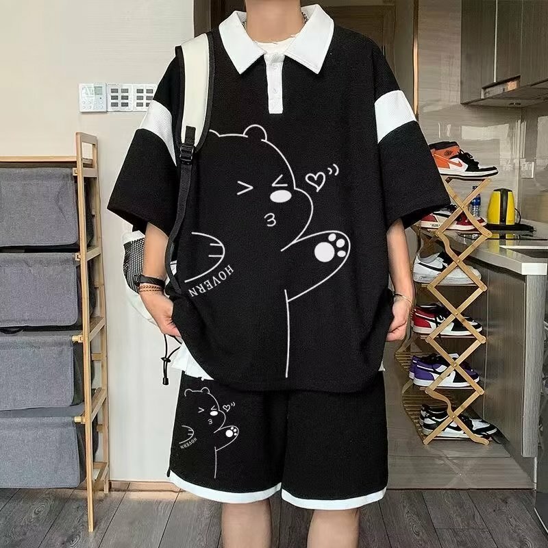 Sommer Männer Trainings anzug Japan Cartoon Streetwear coole Bär gedruckt Waffel hemden Shorts 2 Stück Set Hip Hop lässig kurzen Anzug 2024