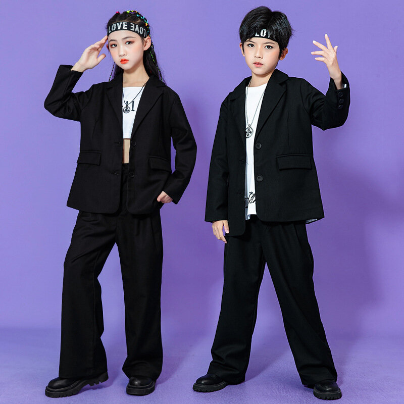 Hip Hop Boys Solid Suit Jacket Outfits Girls Loose Blazer Street Dance Pants Clothes Sets Children Streetwear Kids Jazz Costumes