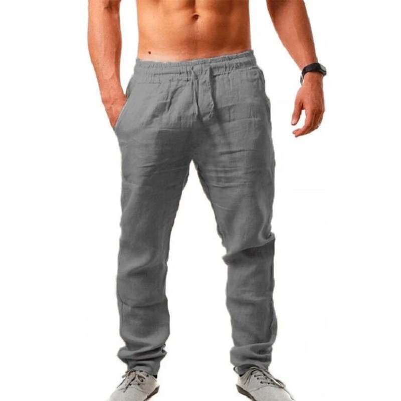 Pantaloni da uomo in cotone e lino autunno uomo nuovi pantaloni in lino traspirante tinta unita Fitness Streetwear S-3XL