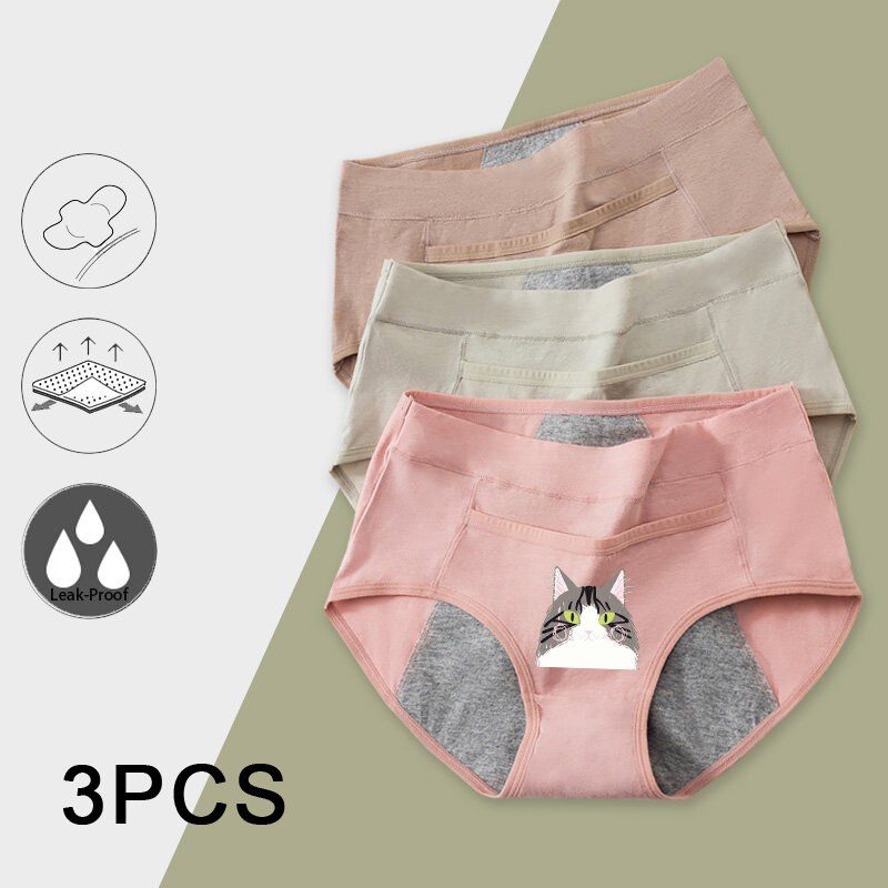 Bragas menstruales de algodón para mujer, bragas transpirables a prueba de fugas con dibujos de gato, pantalones fisiológicos, íntimos, 3 piezas