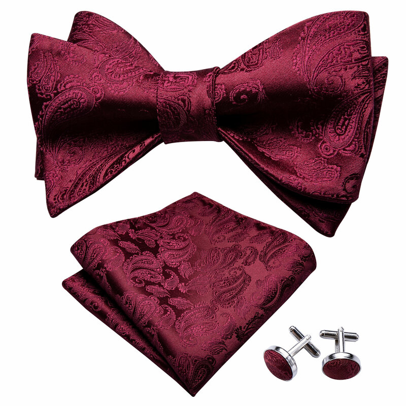 Elegant Suspenders Men Burgundy Red Paisley Silk Jacquard Pre-Bow Tie Handkerchief Cufflink Set Barry.Wang Designer Wedding Gift