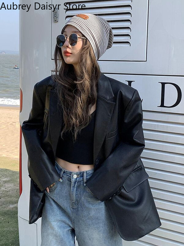 Giacca in pelle nera coreana donna Office Lady Pocket blazer in ecopelle Vintage Casual allentato monopetto cappotto caldo invernale