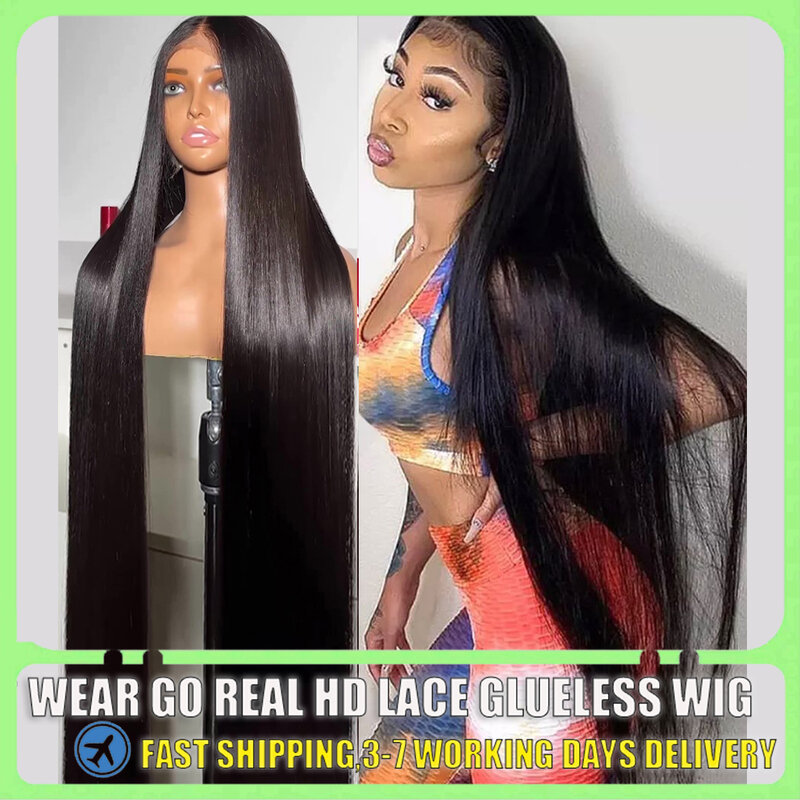 Pelucas de cabello humano liso sin pegamento para mujeres negras, 13x4, HD, 13x6, encaje Frontal transparente brasileño, 30, 40 pulgadas