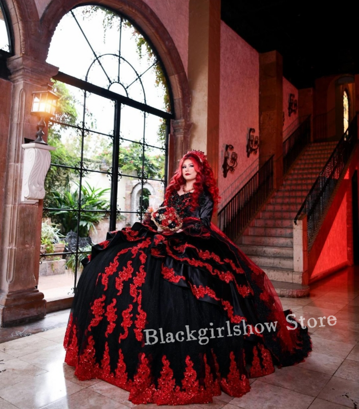Vestidos de baile de princesa de lujo, quinceañera, Negro, Rojo, manga larga, Burdeos, apliques de encaje, vestidos de novia góticos, dulce 16 vestidos