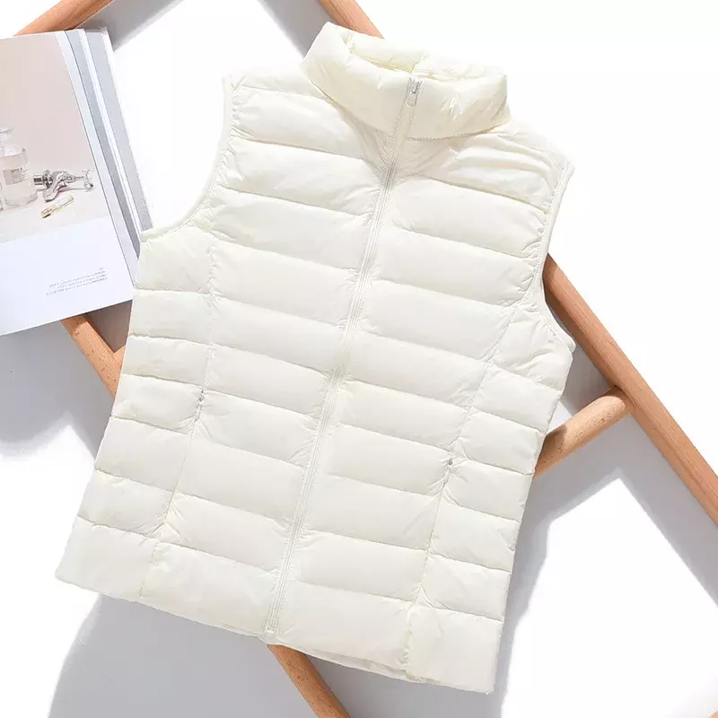 Chaleco ultraligero sin mangas para mujer, abrigo de plumón de pato blanco, mantiene el calor, Color sólido, 90%