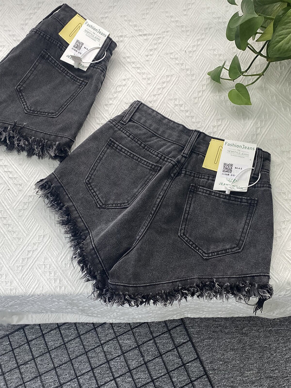 Women Black Shorts Summer Vintage High Waist Wide Shorts 2000s Streetwear Harajuku Korean Style Tassel Loose A-line Short Pants