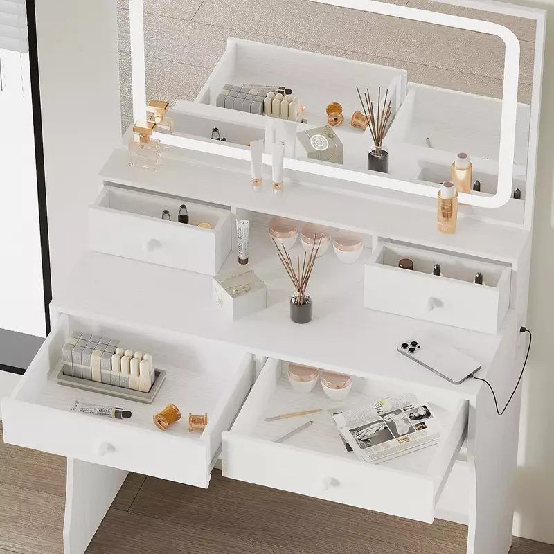 IRONCK-Vanity Desk Set com LED Iluminado Espelho e Tomada, Maquiagem Vanity Table, 4 gavetas, Banco de armazenamento