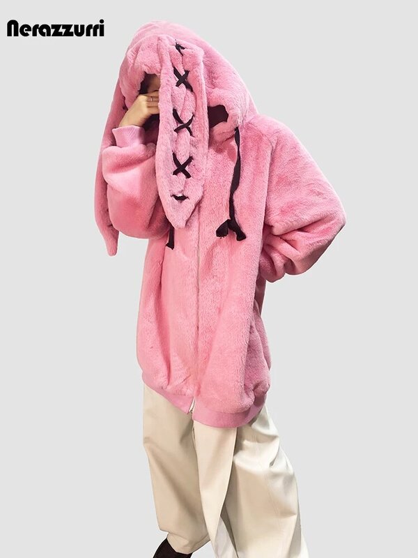 Casaco peludo grosso com orelhas de coelho para mulheres, casaco Harajuku, casaco de pele quente bonito e doce, estilo japonês, inverno, novo, 2023