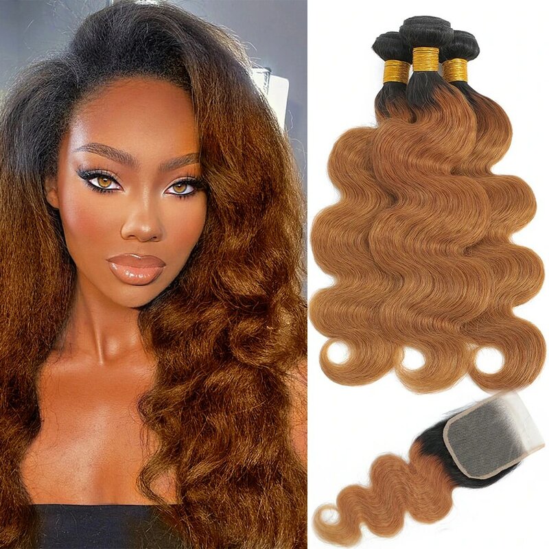 DreamDiana 100% Malaysia Hair Yaki Body Wave Bundles With Closure 4Pcs Ombre Kinky Wave Hair With Closure Remy Afro Hair Texture