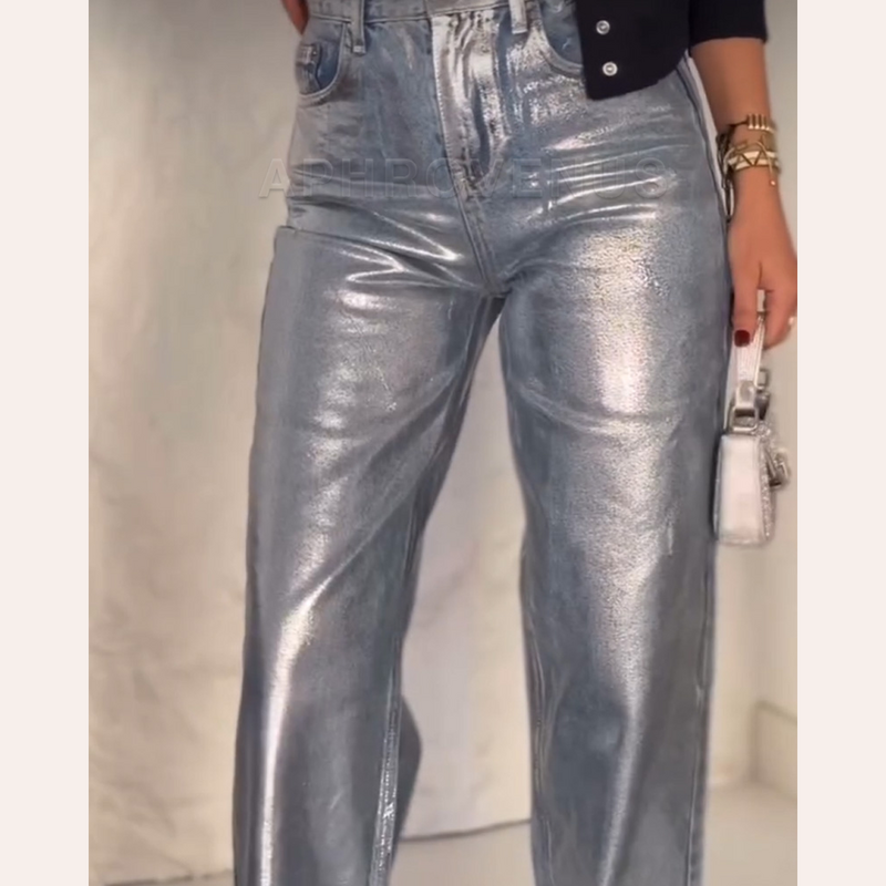 Straight Jeans Voor Dames Hoge Taille Patchwork Vintage Chique Jeans Damesmode Streetwear Y 2K Metallic Kleding 2024