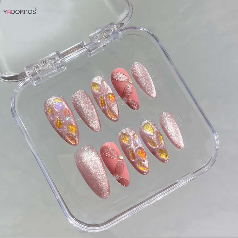Błyszczące różowe sztuczne paznokcie ręcznie robione kocie oczy naciskają na paznokcie migdałowe sztuczne do paznokci tipsów do noszenia dla kobiet i dziewcząt do Manicure