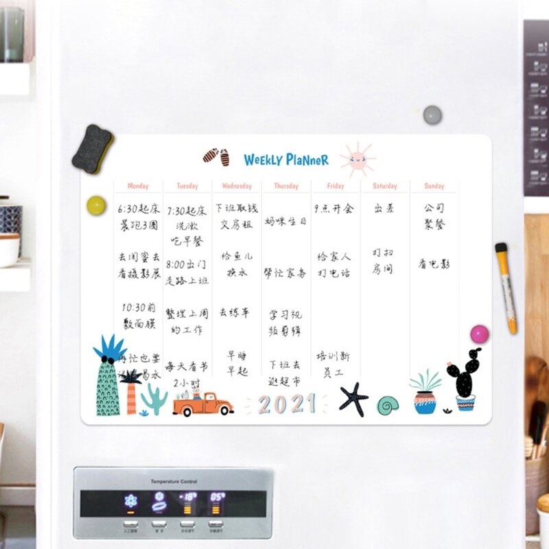 Tableau blanc avec calendrier magnétique, planificateur hebdomadaire, calendrier pour réfrigérateur, liste tâches, nouveauté
