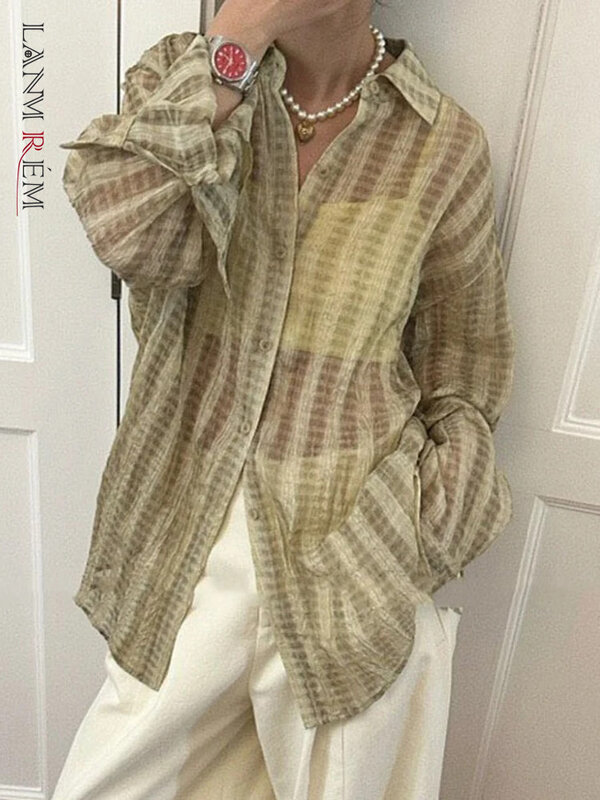 LANMREM Striped Translucent Shirt For Women Lapel Long Sleeves Single Breasted Loose Sunscreen Shirts 2024 Clothing 2Z1191