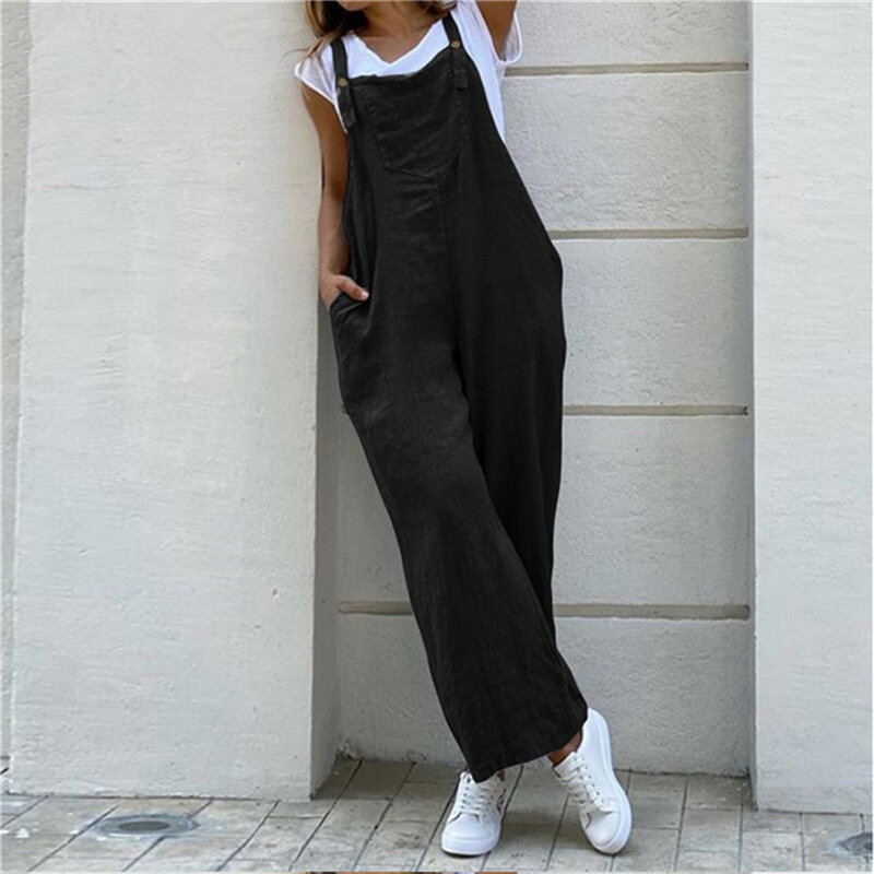 Summer Jumpsuit For Women Solid Color Jumpsuit Casual Long Pant Pockets Button Wide Leg Strap Jumpsuit Loose Rompers Overalls