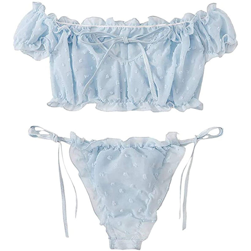 Sexy Lingerie Set Women Underwear Sweet Casual Short Sleeve Off Shoulder Tops and Thongs Babydoll Sleepwear Kawaii Lingerie