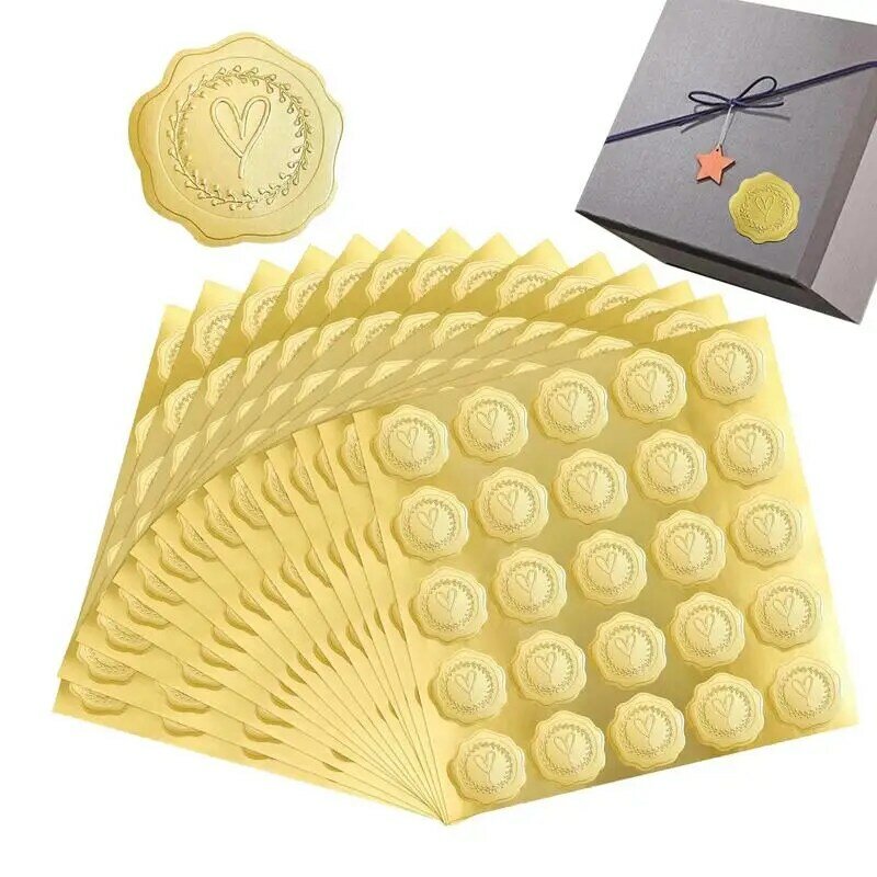Self-Adhesive Heart Shape Gold Embossed Wax Seal Party Wedding Invitation Envelope Seals Greeting Card Decoration Seal Sticker