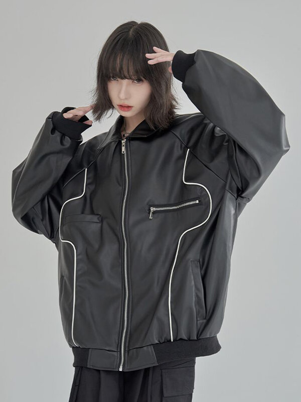 Jmprs Harajuku Women Moto Pu Jackets Streetwear Retro Black Faux Fur Biker Coat American Bf Loose Long Sleeve Casual Outwear New
