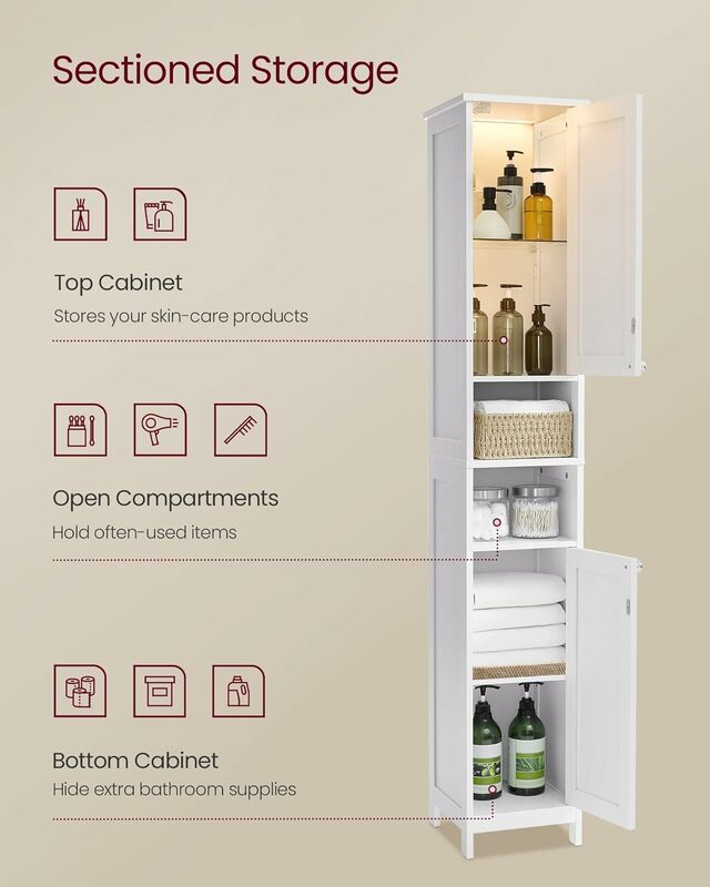 Slim Bathroom Storage Cabinet, Freestanding Narrow Cabinet with Adjustable Shelves, Open compartments, for Small Spaces