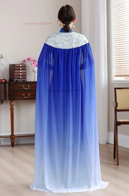Традиционное китайское винтажное платье 2024, улучшенное Ципао с национальным цветочным принтом и накидкой, банкетное платье