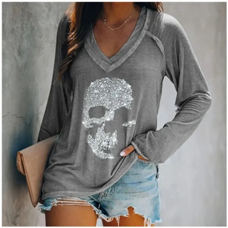 Womens Mùa Thu Mùa Đông Thời Trang Quần Áo Giản Dị Dài Tay Áo T-Shirt Loose Skull Printed Áo Ladies V-Cổ Áo Sơ Mi Cotton Tops