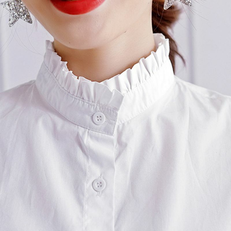 المرأة الحلو الكشكشة التجاعيد وهمية الوقوف طوق طبقات سترة بيضاء نصف قميص D46A