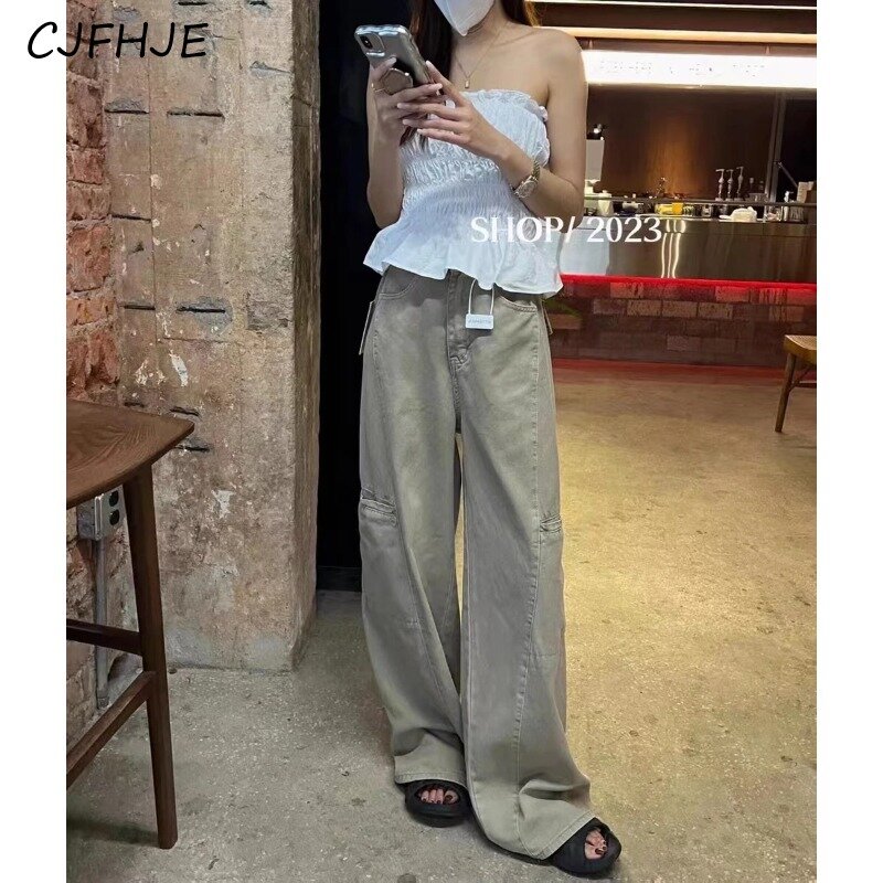 CJFHJE 여성용 카키 포켓 와이드 레그 청바지, 빈티지 한국 패션, 헐렁한 카고, 전체 길이 데님 바지, 스트릿웨어