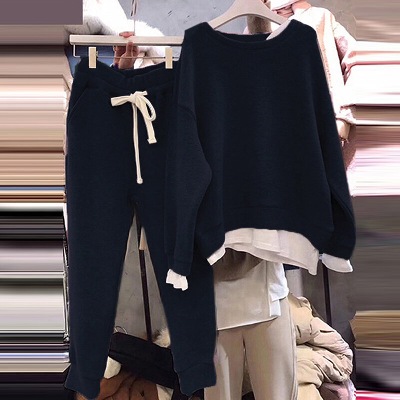Set Celana Wanita Longgar 2 Buah Kaus Solid Musim Gugur Musim Dingin dan Celana Panjang Pergelangan Kaki Kasual Semua Cocok Setelan Pakaian Wanita