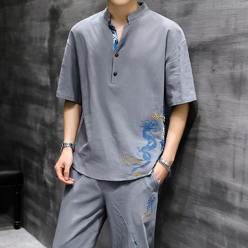 Retro Chinese Style Zen Tea Shirts Pants Kung Fu Uniform Medieval Viking Fashion Casual T-shirt Trousers Tang Suit Men Sets