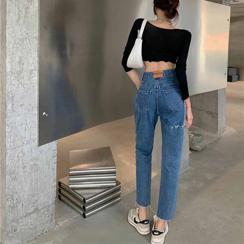 High Waist Straight Jeans For Women Holes Ripped Ankle-length Denim Pants Female Summer Jean Korean Fashion Fall Trousers 0177