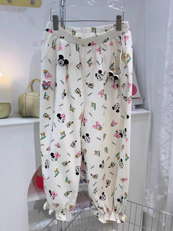 Potdemiel-pantalones de estilo coreano para mujer, pantalón informal con estampado de dibujos animados, cintura elástica, atado al tobillo, 2024