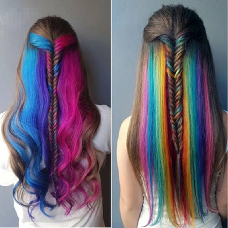 13 Stuks Gekleurde Party Highlights Kleurrijke Clip In Hairextensions 55Cm Rechte Synthetische Haarstukjes, Paars + Blauw