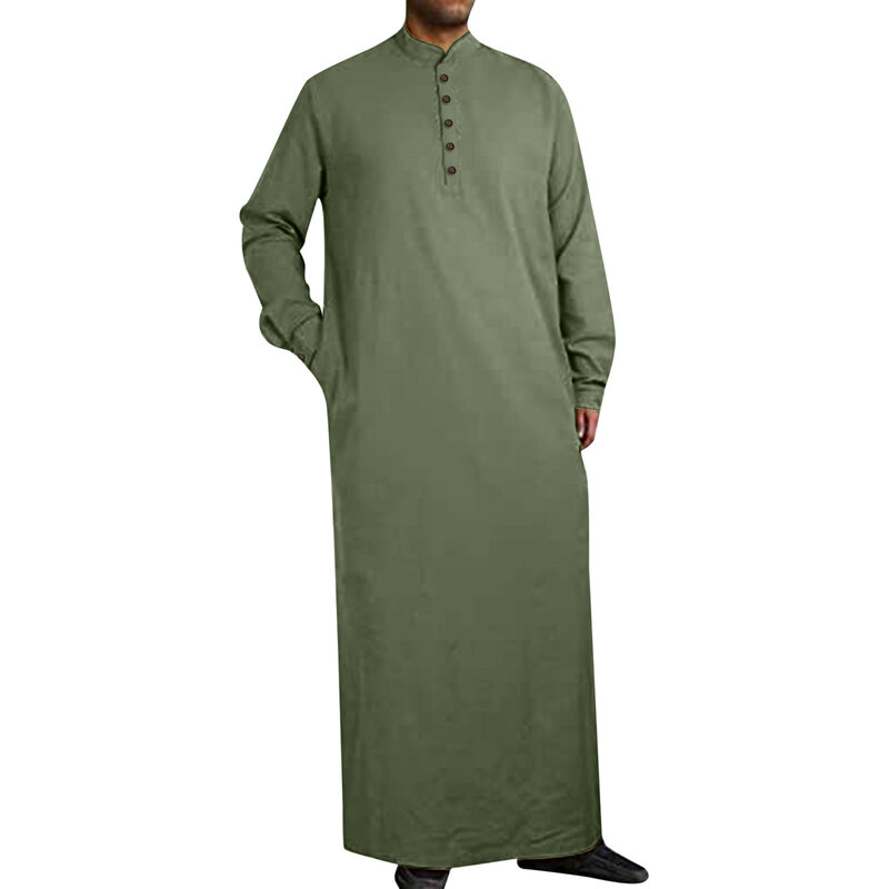 Jubah Muslim kancing panjang sederhana gaya Arab Tengah pria jubah Muslim lengan panjang jubah belah samping jubah saku kancing