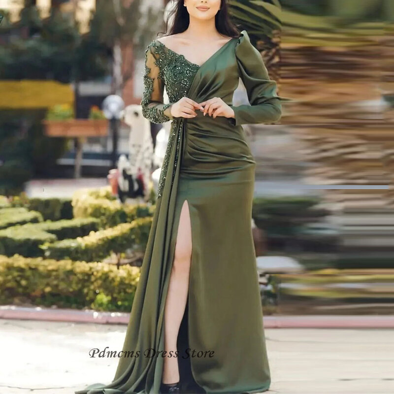 PDMCMS оливковое зеленое атласное ТРАПЕЦИЕВИДНОЕ вечернее платье для выпускного вечера с V-образным вырезом Аппликации искусственное элегантное платье до пола с разрезом в Дубае