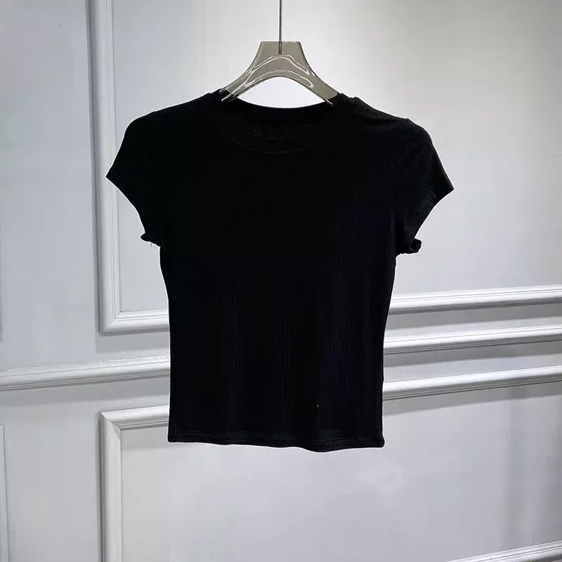 TF25 2023 T-Shirt damski dorywczo kobiety z krótkim rękawem Slim jednolity kolor proste czyste koszulki damskie T-Shirt dla kobiet
