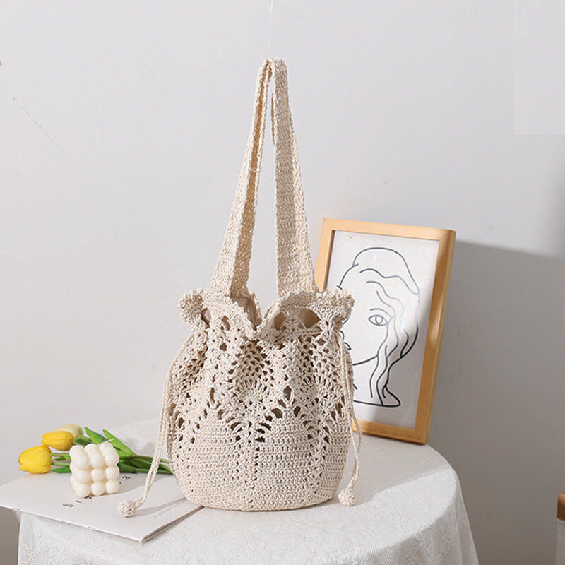 Cotton Thread Hand Woven Bag, Knitting Bucket, Hollow Out, Seaside Holiday, Beach Bag, Leisure String Totes, Fairy Flower