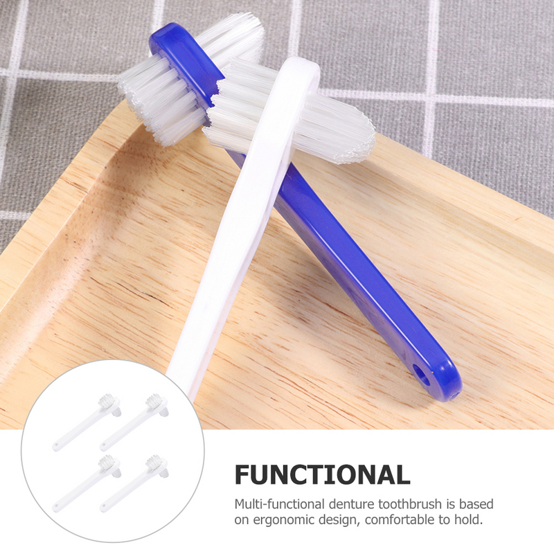 4ชิ้นแปรงทำความสะอาดแบบพกพาทำความสะอาดฟันปลอมหัวคู่แปรงสีฟันทำความสะอาดด้านข้างขนาดเล็ก PP คู่สำหรับ