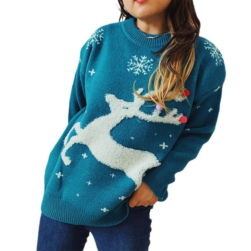 2023 jesienno-zimowa nowa mały jeleń śnieżynka żakardowa piłka świąteczny sweter dzianinowy sweter z okrągłym dekoltem