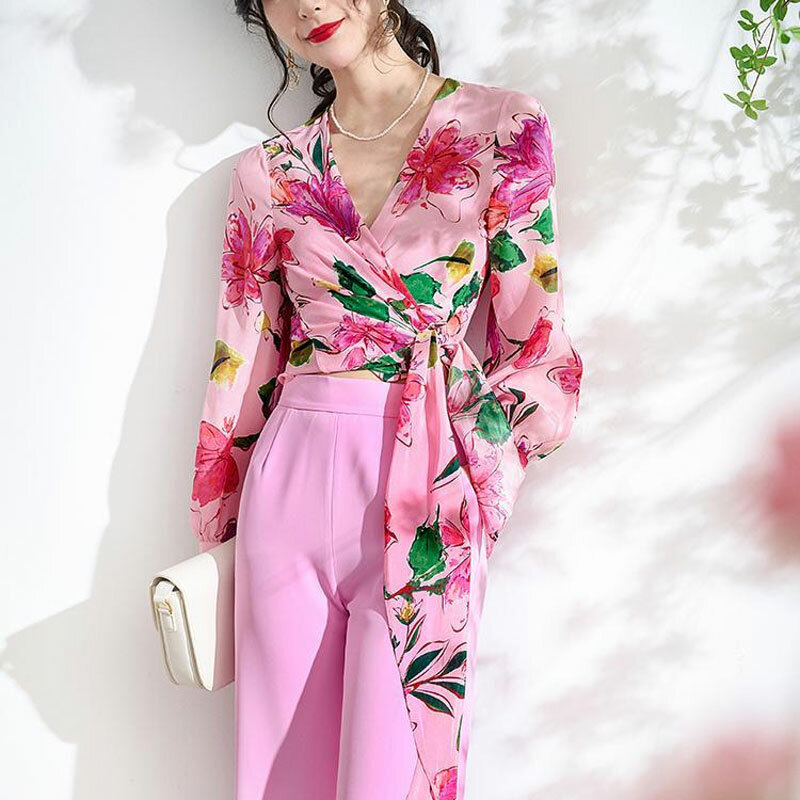 Vintage musim semi musim panas kemeja Floral pakaian wanita bergaya ramping perban elegan V-Neck lipat blus lengan panjang cetak Rakyat