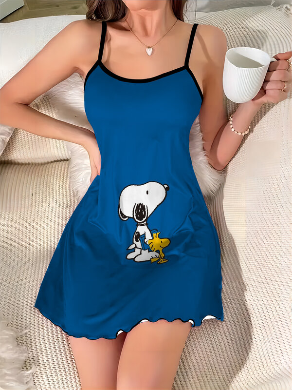Vestido de Snoopy de satén para mujer, minifalda Sexy con cuello redondo y ribete de lechuga, elegante, a la moda, para verano, 2024