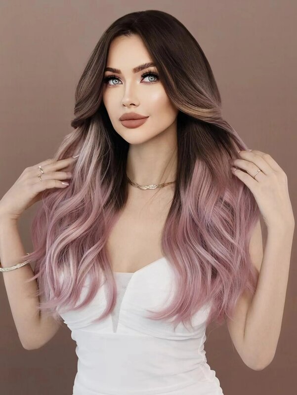 Nuova parrucca sintetica da donna rosa sfumato viola capelli lunghi ricci con grandi onde al centro, naturale