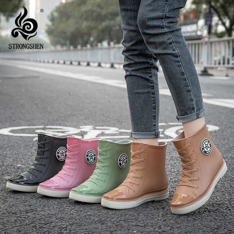 STRONGSHEN-Botas de lluvia de goma para mujer, zapatos impermeables, coloridos, antideslizantes, tobilleros de algodón