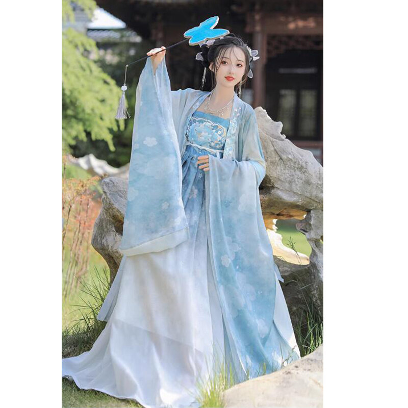 Han Dynatsy Hanfu rok biru tradisional Cina, atasan bordir Kimono lengan besar Modern untuk anak perempuan