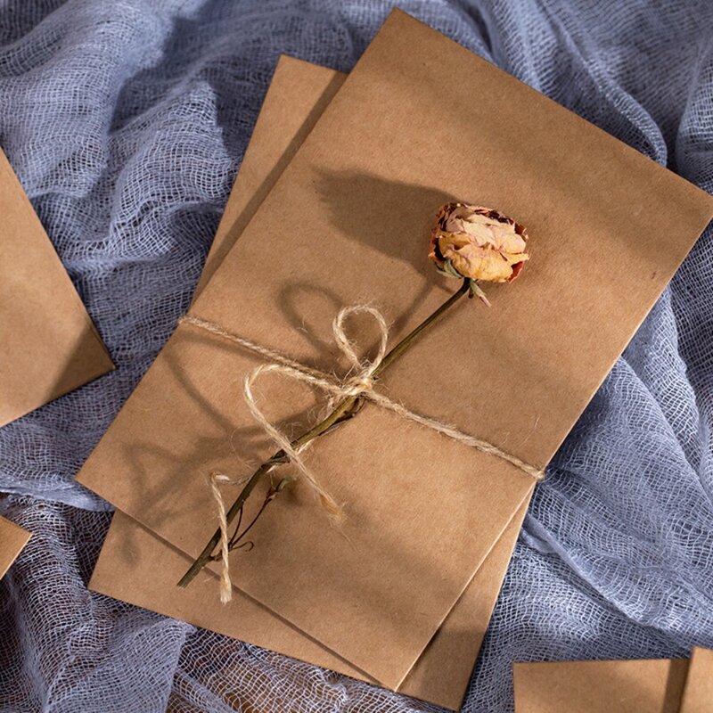 10 PCS Vintage Kraft Paper Envelope Pockets with Button and String Closure for Mail Postcard Wedding Invitation, Brown